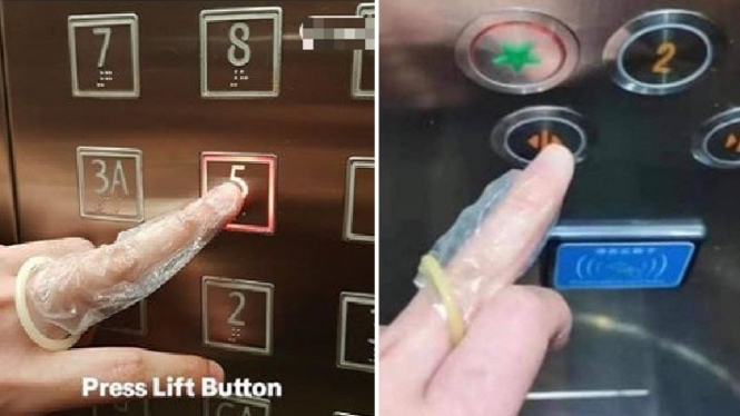 Kondom untuk bungkus jari saat tekan tombol lift