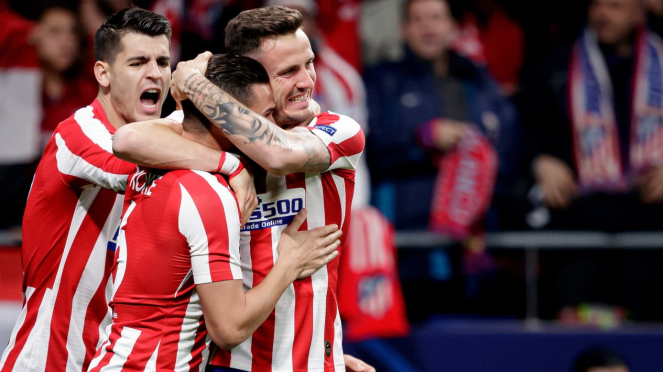 Atletico Madrid merayakan gol ke gawang Liverpool