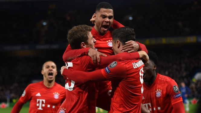 Pemain Bayern Munich merayakan gol ke gawang Chelsea.