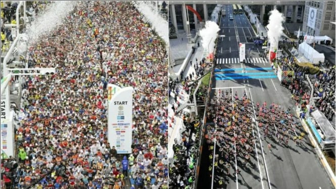 Perbandingan jumlah peserta Tokyo Marathon 2019 (kiri) dan 2020 (kanan)
