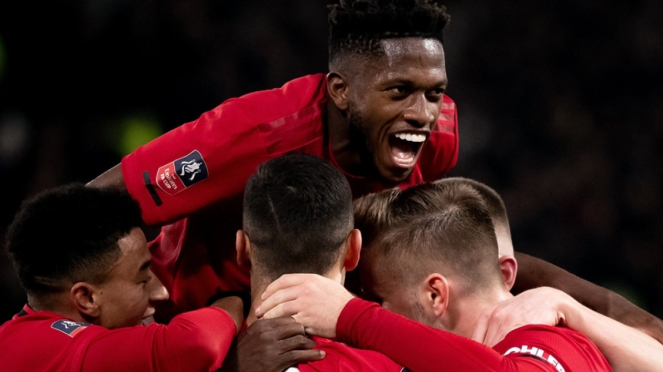 Pemain Manchester United merayakan gol ke gawang Derby County
