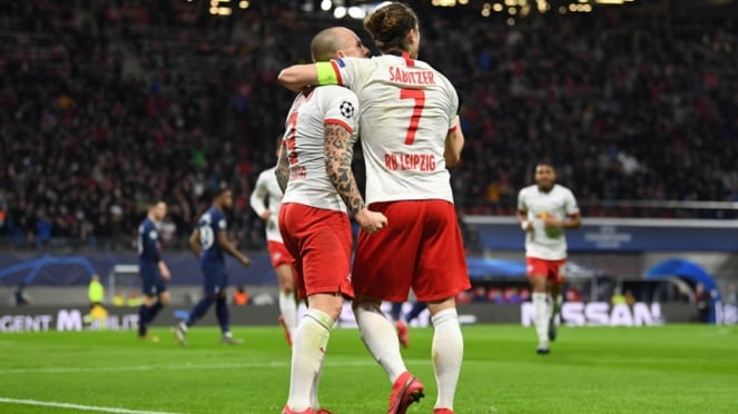 RB Leipzig merayakan gol ke gawang Tottenham Hotspur