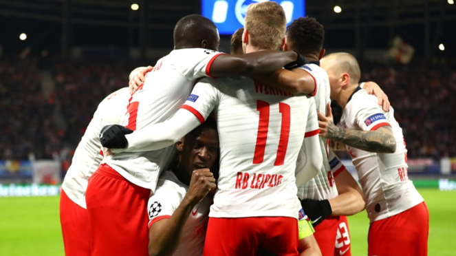 Pemain RB Leipzig merayakan gol ke gawang Tottenham Hotspur