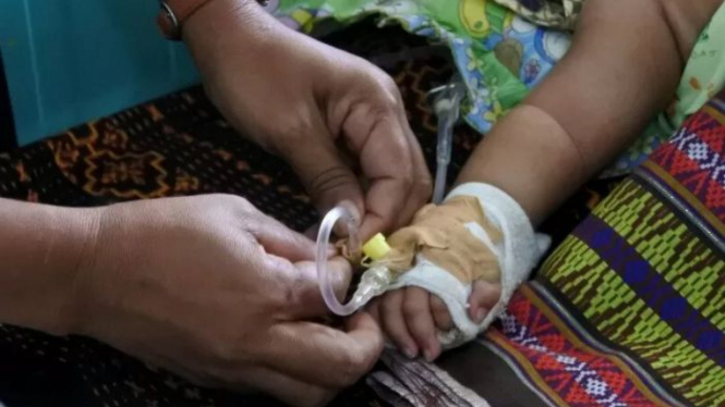 Seorang suster sedang memperbaiki infus di tangan, seorang balita yang dirawat akibat terserang demam berdarah dengue (DBD) di RSUD TC Hillers Maumere, Kabupaten Sikka, NTT, Selasa (10/03/20).