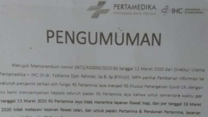 Pengumuman ditempel di RS Pertamina Jaya