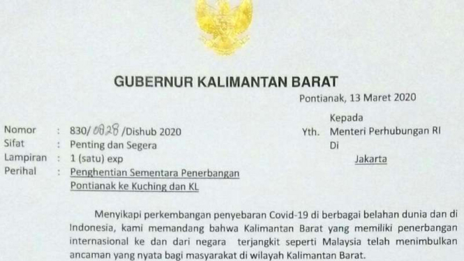 Surat Gubernur Kalimantan Barat untuk Menteri Perhubungan