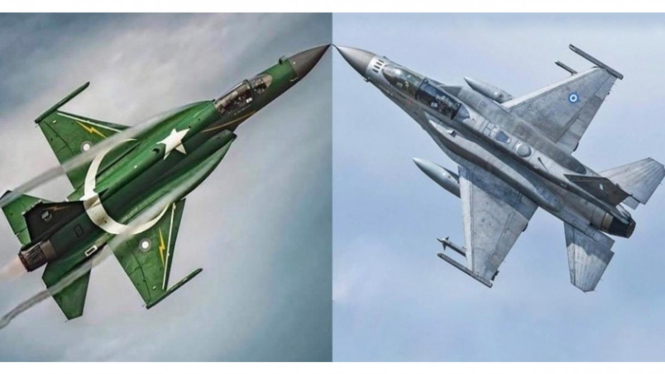 Jet tempur JF-17-Block 3 dan  F-16C Fighting Falcons. Keduanya milik Angkatan Udara Pakistan.