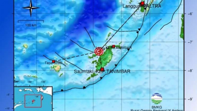 Peta lokasi gempa Saumlaki, Maluku.