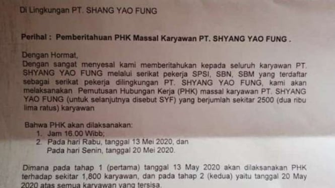 Beredar surat PHK massal perusahaan di Tangerang.