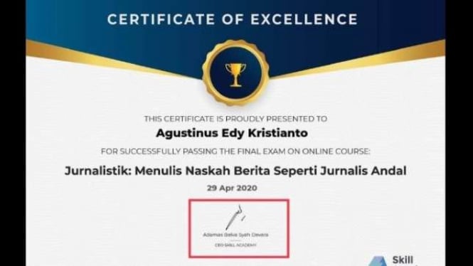 Certificate of Excellence untuk pelatikah jurnalistik pemegang Kartu Prakerja.