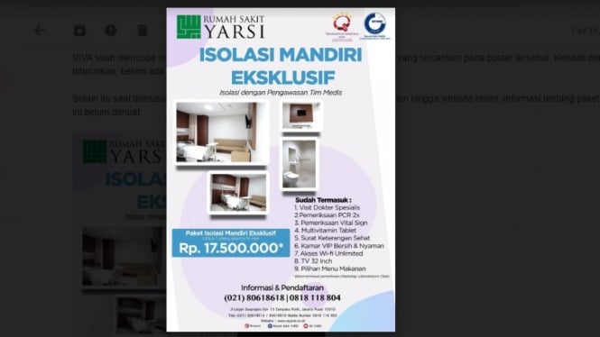 Paket Isolasi Mandiri RS Yarsi Rp17,5 juta selama 14 hari