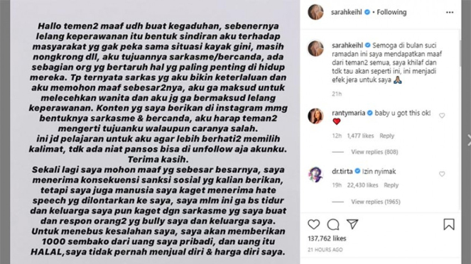 Permintaan maaf Sarah Salsabila