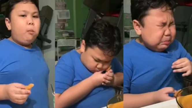 Bocah menangis saat makan nugget ayam.