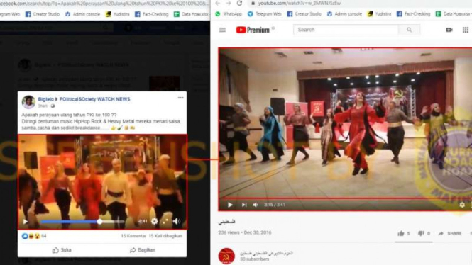 Tangkapan layar sebuah akun Facebook yang menampilkan video dengan klaim acara perayaan hari ulang tahun ke-100 Partai Komunis Indonesia (PKI).