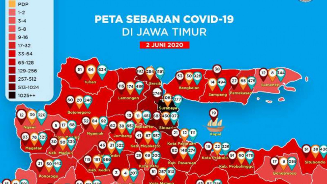 Warna menghitam Kota Surabaya dalam peta Covid-19 Jawa Timur.