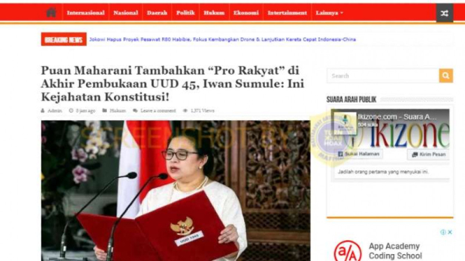 Tangkapan layar sebuah media daring yang menampilkan foto Ketua Dewan Perwakilan Rakyat Puan Maharani sedang berpidato membacakan teks pembukaan UUD 1945.