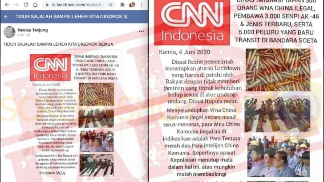 Akun Navias Tanjung mengunggah foto dengan klaim WNA China membawa senjata api