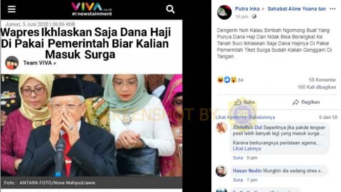 Tangkapan layar (screenshot) sebuah akun Facebook yang mengunggah gambar hasil manipulasi dari satu halaman artikel berita Viva.co.id