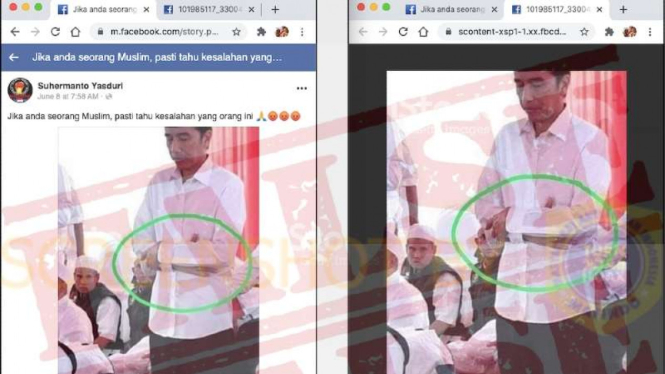 Tangkapan layar (screenshot) sebuah akun Facebook yang menampilkan foto Presiden Joko Widodo sedang salat.