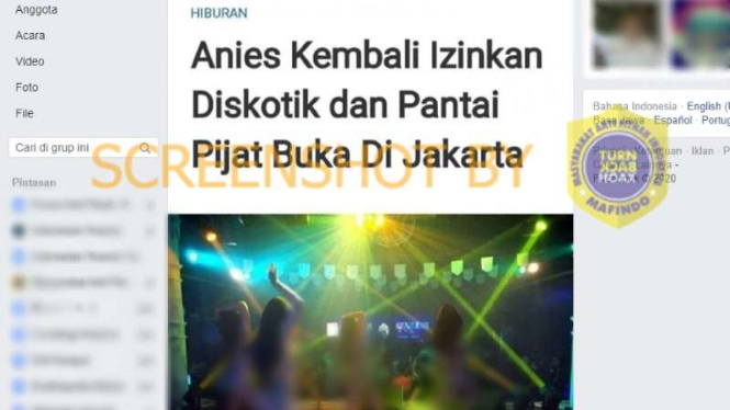 Tangkapan layar (screenshot) sebuah akun Facebook yang menampilkan gambar aktivitas hiburan malam dengan judul “Anies Kembali Izinkan Diskotik dan Pantai Pijat Buka Di Jakarta”.