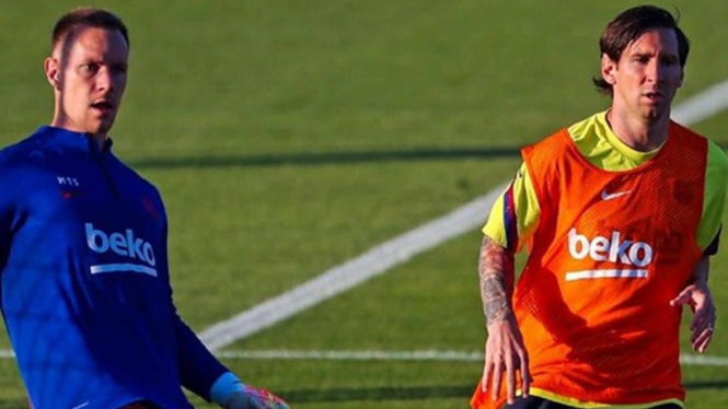 Lionel Messi dalam latihan Barcelona