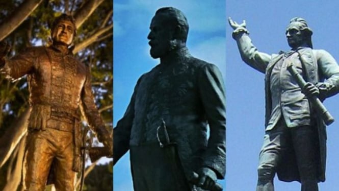 Patung tokoh-tokoh dari era kolonial di Australia (kiri ke kanan): Lachlan Macquarie, Charles Cameron Kingston dan Kapten James Cook.
