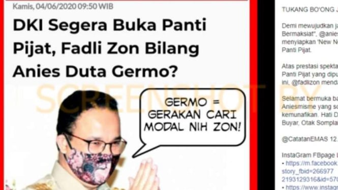 Tangkapan layara sebuah akun Facebook yang menyebut Anies Baswedan didaulat sebagai duta germo.