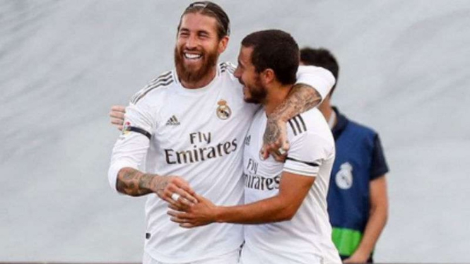 Pemain Real Madrid, Sergio Ramos dan Eden Hazard.