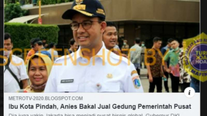 Tangkapan layar sebuah laman abal-abal yang mengklaim bahwa Gubernur DKI Jakarta Anies Baswedan akan menjual gedung-gedung pemerintah pusat.