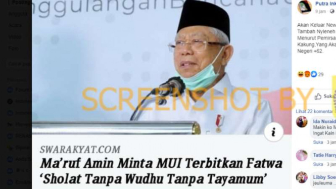 Tangkapan layar (screenshot) sebuah akun Facebook yang menampilkan gambar Wakil Presiden Ma'ruf Amin di satu laman portal berita.