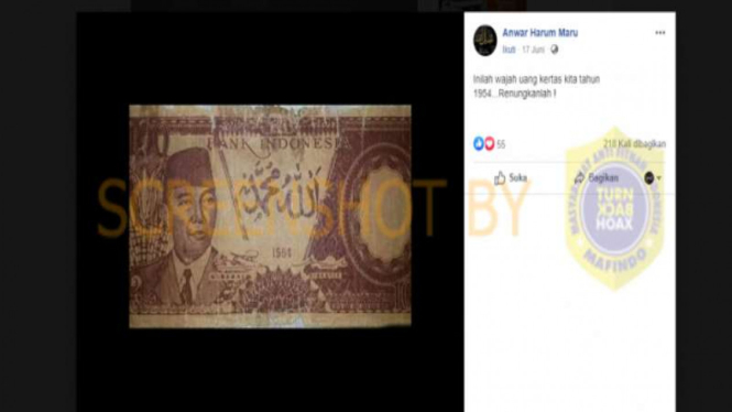 Akun facebook Anwar Harum Maru mengunggah foto uang bergambar Soekarno