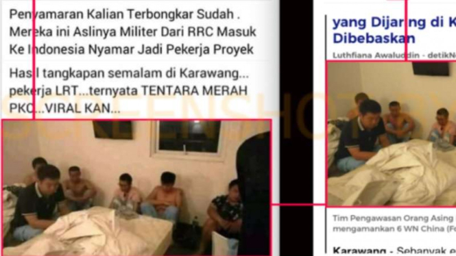 Tangkapan layar sebuah akun Facebook yang menyebut penangkapan enam warga negara China yang menyamar di Indonesia.