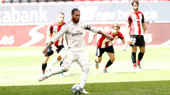 Sergio Ramos mencetak gol di laga Real Madrid melawan Athletic Bilbao