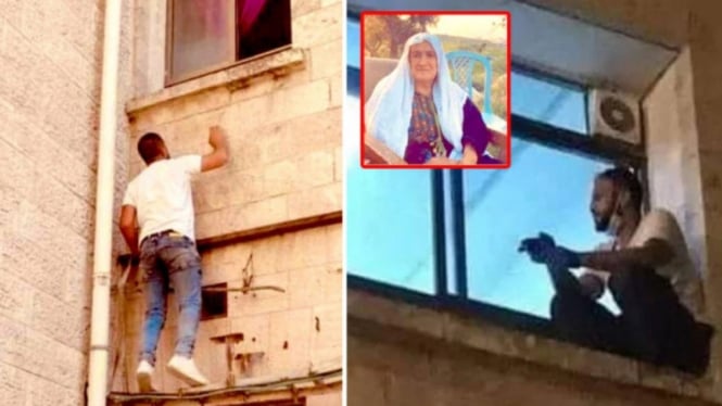 Aksi pria Palestina memanjat dan melihat ibunya dari jendela yang pasien corona