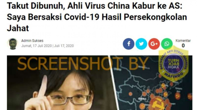 Tangkapan layar sebuah media daring yang memperlihatkan foto seorang perempuan yang disebut ahli virus China yang kabur ke Amerika Serikat.