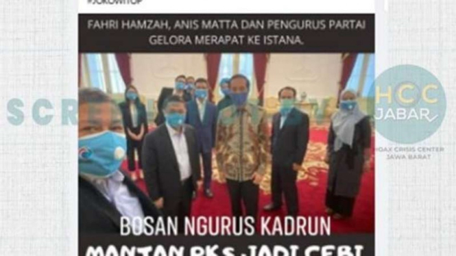 Tangkapan layar (screenshot) yang memperlihatkan sejumlah politikus Partai Gelora--bukan PKS--bertemu Presiden Joko Widodo di Istana Presiden, Jakarta, Senin, 20 Juli 2020.