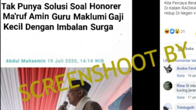 Tangkapan layar (screenshot) akun Facebook yang mengunggah gambar tampilan sebuah artikel media daring dengan wajah Wakil Presiden Ma'ruf Amin.