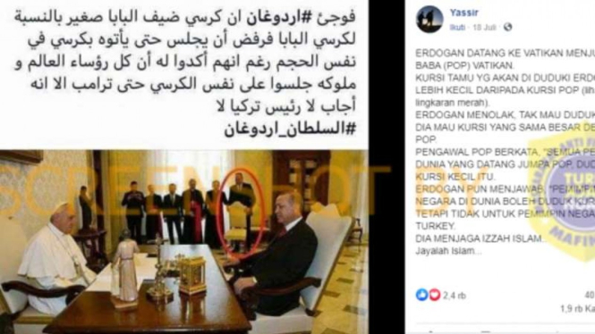 Tangkapan layar (screenshot) sebuah akun Facebook yang mengunggah foto pertemuan antara Paus Fransiskus dengan Presiden Turki Recep Tayyip Erdogan di sebuah ruangan di Vatikan.