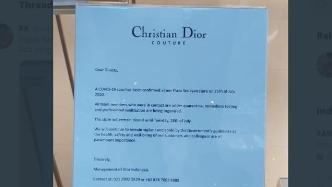 Pengumuman Dior tutup sementara beredar di media sosial