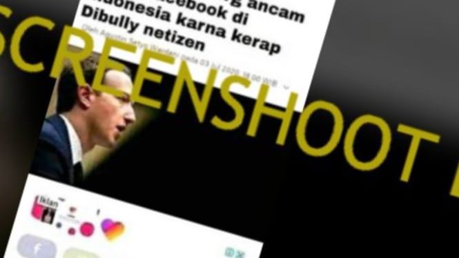 Tangkapan layar (screenshot) akun Facebook yang mengunggah gambar hasil manipulasi yang memperlihatkan foto wajah Mark Zuckerberg, pendiri Facebook.