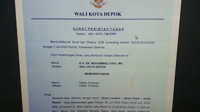 Surat perintah Walkot Depok soal seminar di hotel