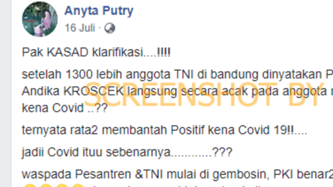 Tangkapan layar (screenshot) sebuah akun Facebook yang mengunggah video liputan tentang KSAD Jenderal TNI Andika Perkasa di kompleks Secapa TNI Angkatan Darat di Bandung.