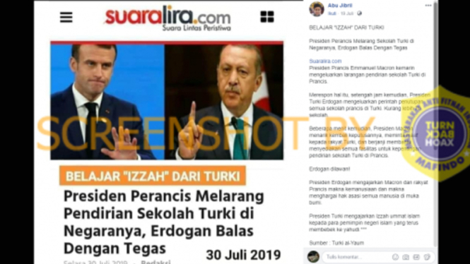 Tangkapan layar (screenshot) sebuah halaman media online yang memperlihatkan foto Presiden Prancis Emmanuel Macron dan Presiden Turki Recep Tayyip Erdogan.