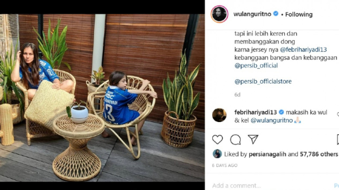 Wulan Guritno kenakan jersey Persib Bandung dan sapa Febri Hariyadi di Instagram