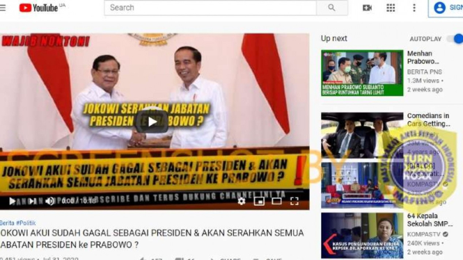 Tangkapan layar (screenshot) sebuah video yang memperlihatkan foto Joko Widodo dan Prabowo Subianto berjabat tangan.