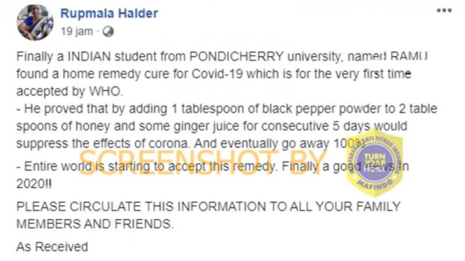 Gambar hasil tangkapan layar (screenshot) akun Facebook bernama Rupmala Halder yang memuat pesan tentang ramuan khusus yang diklaim ampuh untuk mengobati pasien COVID-19.