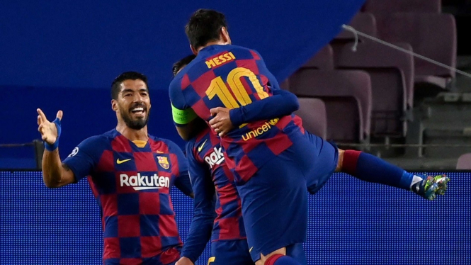 Selebrasi Lionel Messi usai cetak gol