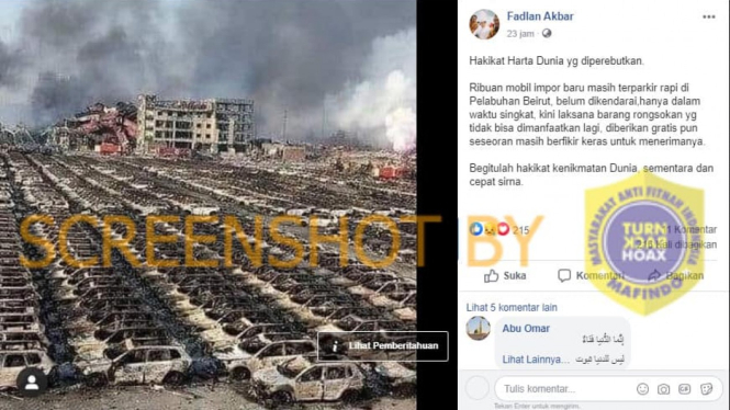 Hoax foto ribuan mobil impor hangus akibat ledakan di Beirut