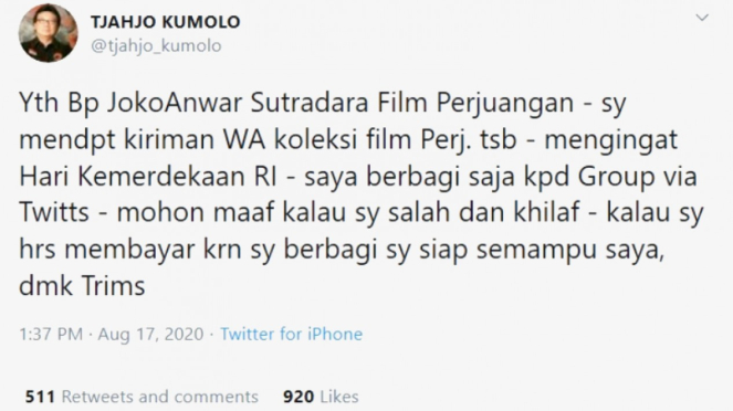 Tweet permohonan maaf Menpan RB, Tjahjo Kumolo soal posting link film di YouTube