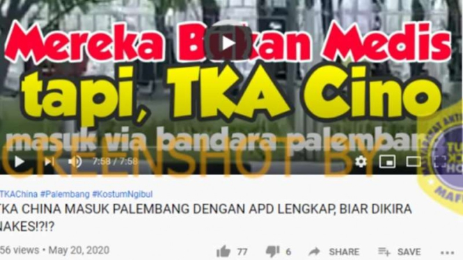 Tangkapan layar (screenshot) sebuah unggahan video di Youtube dengan klaim ratusan pekerja asing asal China mengenakan baju hazmat untuk masuk ke Palembang agar dikira para tenaga medis.